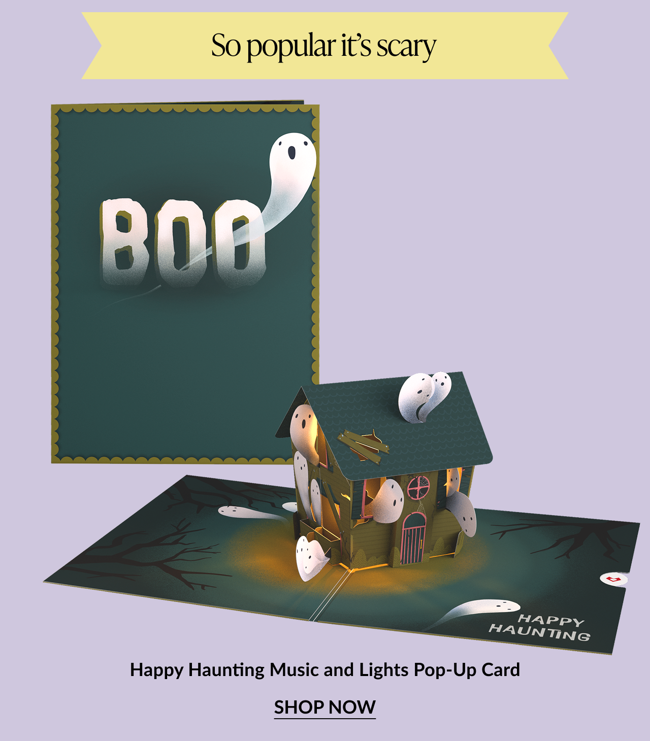 Happy Haunting Music and Lights Pop-Up Card – spooky pop-up haunted house with ghosts, lights, and sound