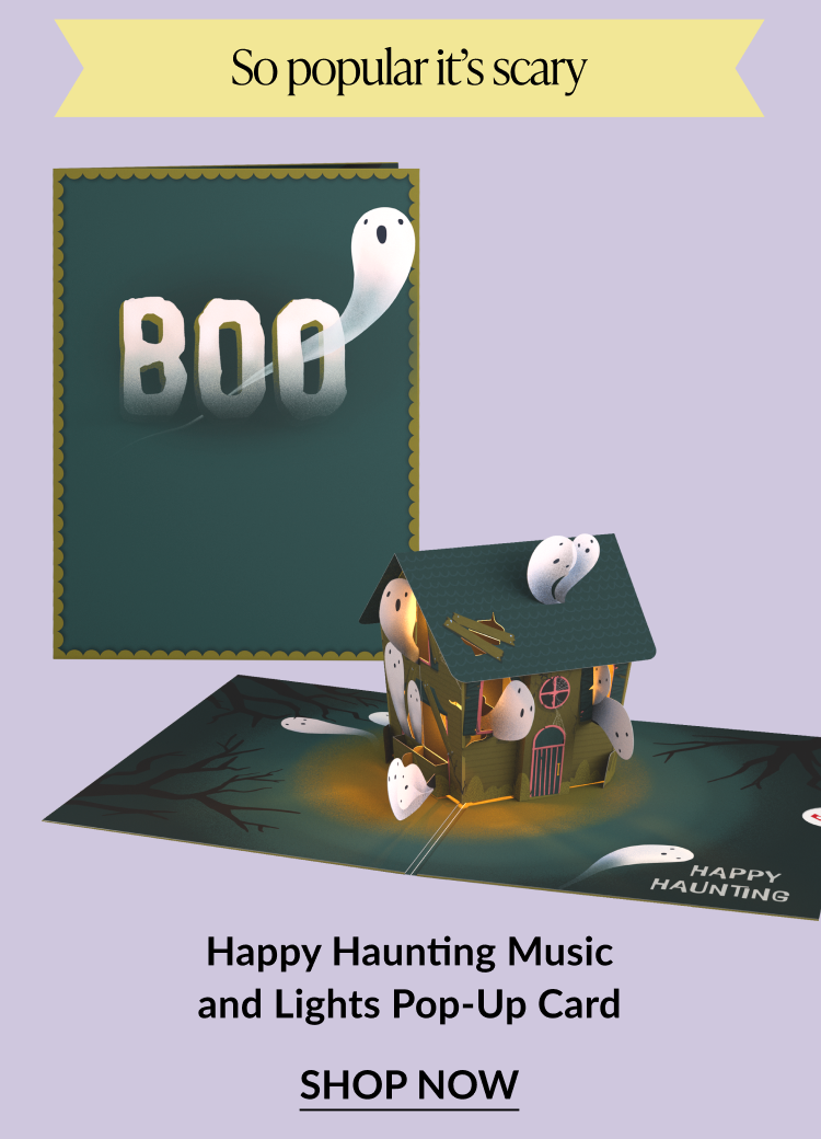 Happy Haunting Music and Lights Pop-Up Card – spooky pop-up haunted house with ghosts, lights, and sound