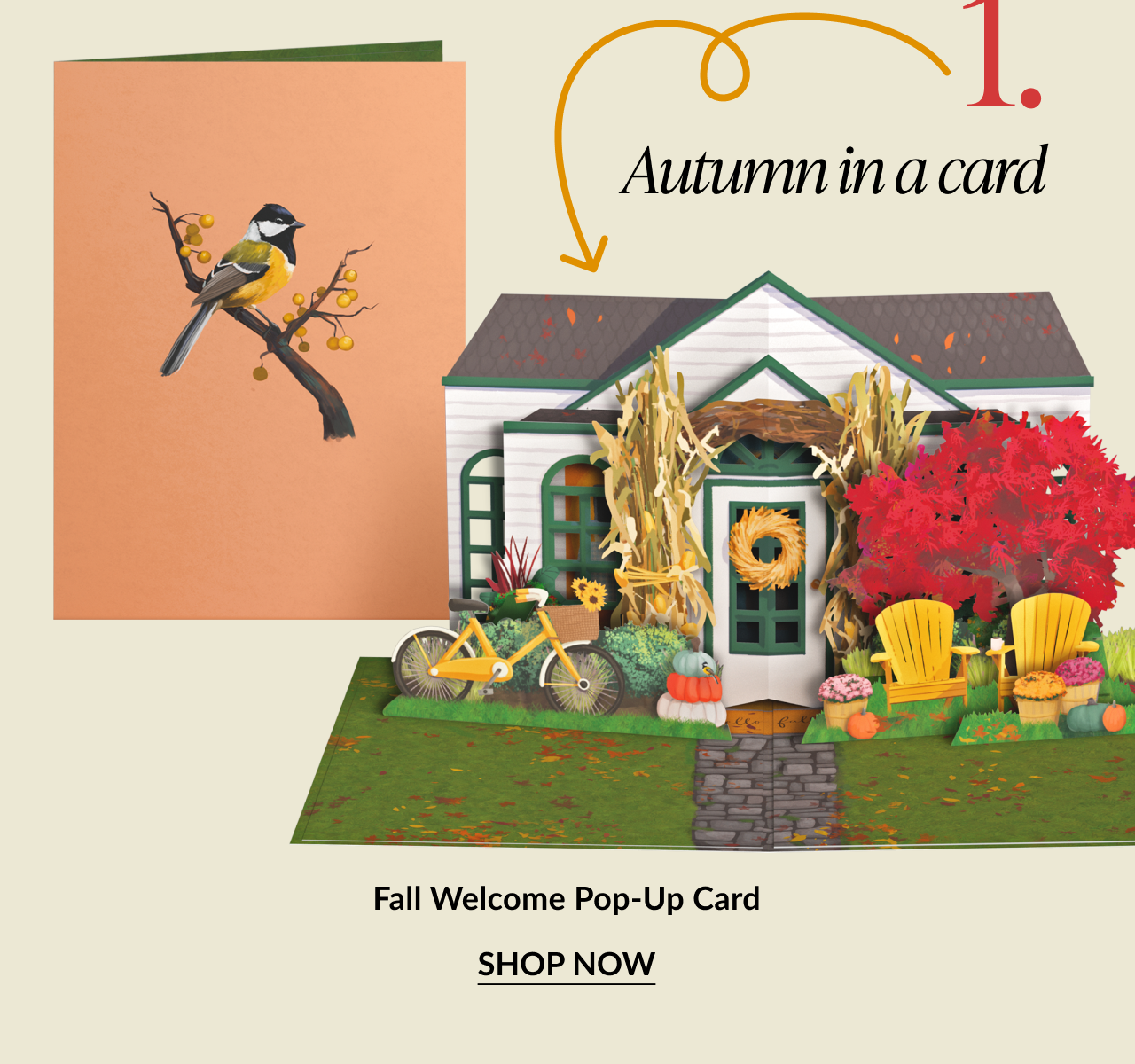 Autumn in a Card – Fall Welcome Pop-Up Card featuring a cozy house with pumpkins, fall leaves, yellow chairs, and a bird card cover.