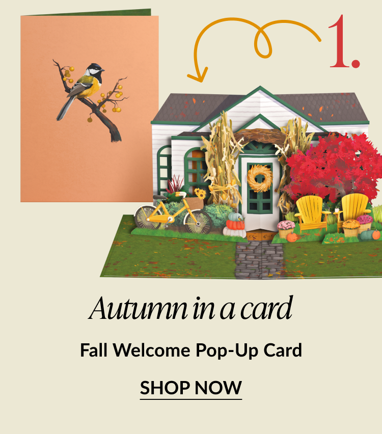 Autumn in a Card – Fall Welcome Pop-Up Card featuring a cozy house with pumpkins, fall leaves, yellow chairs, and a bird card cover.