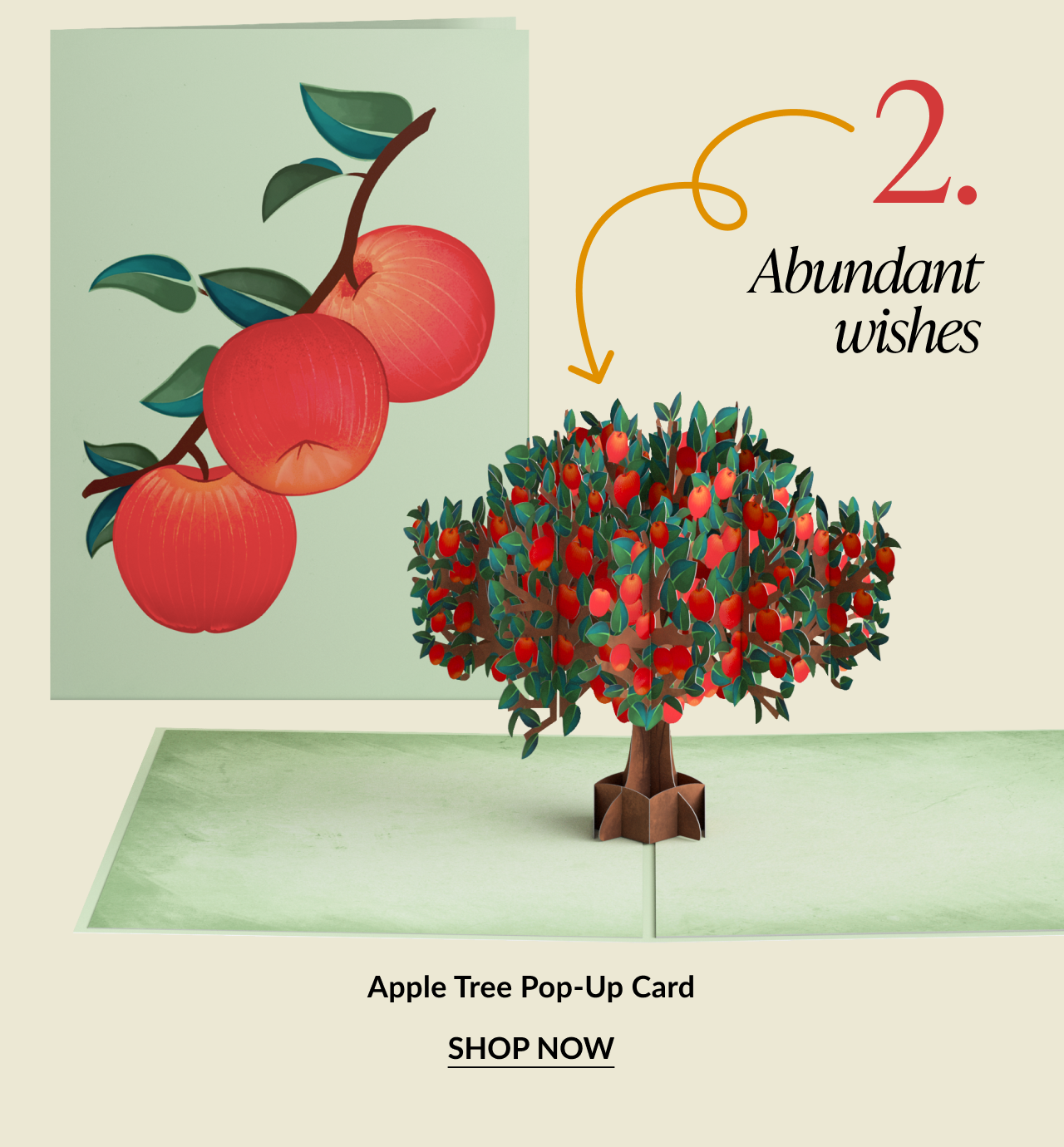 Abundant Wishes – Apple Tree Pop-Up Card with red apples on the cover and a 3D apple tree inside.