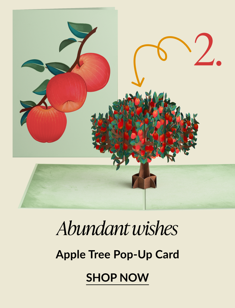 Abundant Wishes – Apple Tree Pop-Up Card with red apples on the cover and a 3D apple tree inside.