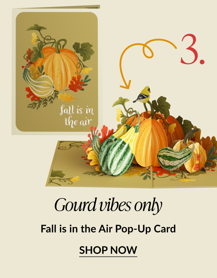 Gourd Vibes Only – Fall Is in the Air Pop-Up Card featuring pumpkins and gourds, with “Fall is in the air” text on the cover and a 3D gourd arrangement inside.