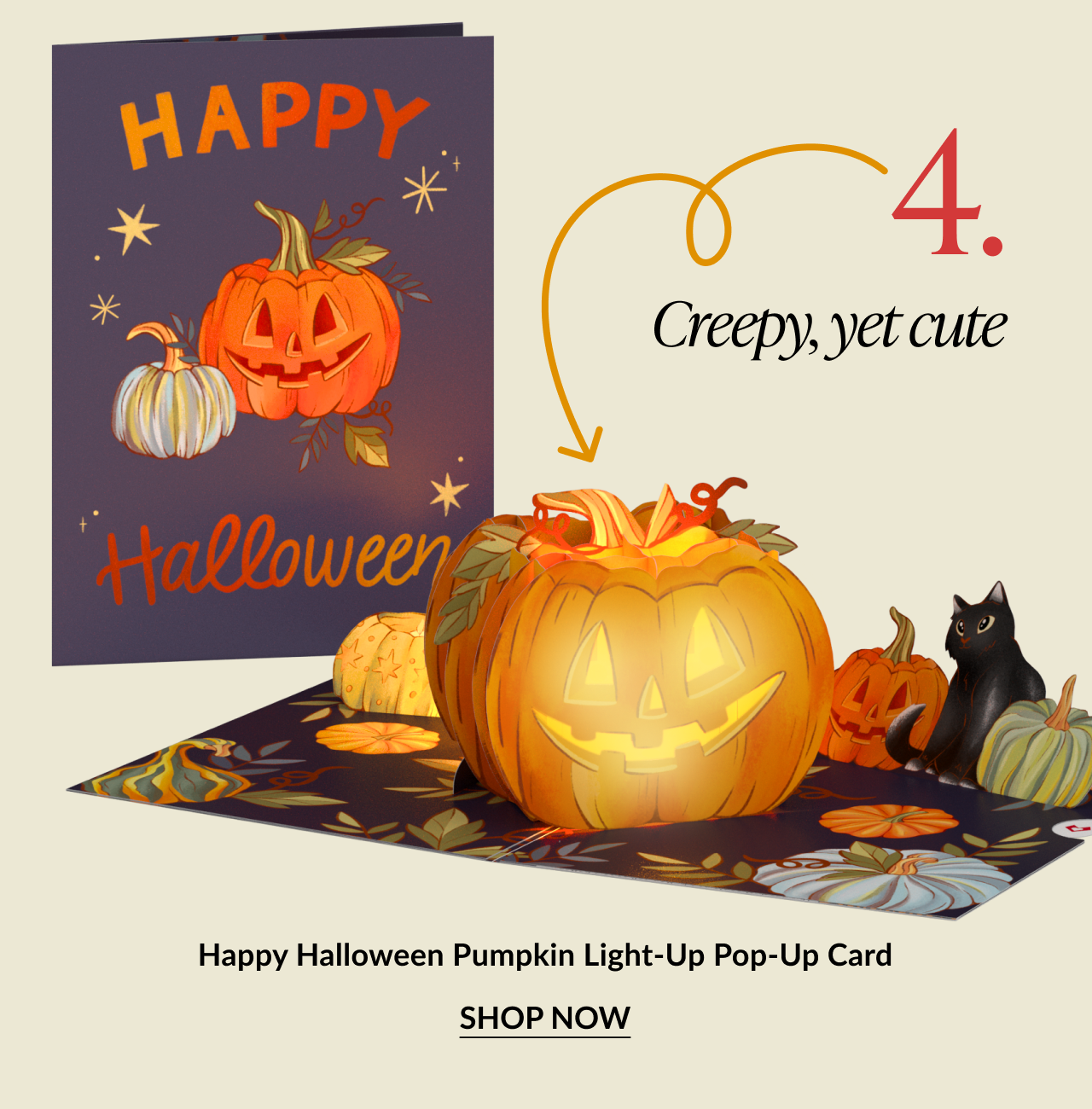 Creepy, Yet Cute – Happy Halloween Pumpkin Light-Up Pop-Up Card showing jack-o’-lanterns, a black cat, and glowing pumpkin lights.