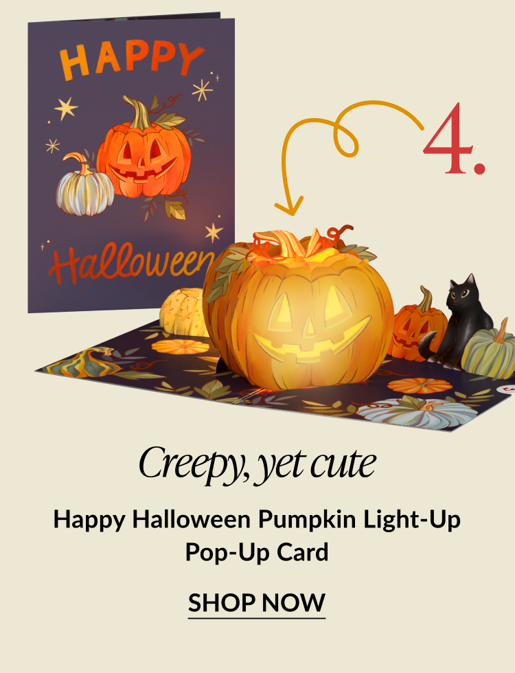 Creepy, Yet Cute – Happy Halloween Pumpkin Light-Up Pop-Up Card showing jack-o’-lanterns, a black cat, and glowing pumpkin lights.