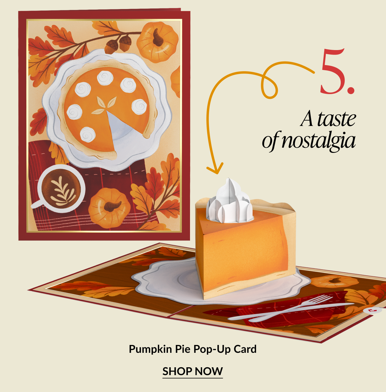 A Taste of Nostalgia – Pumpkin Pie Pop-Up Card with a pie slice and whipped cream on the inside and a cozy fall illustration on the cover.