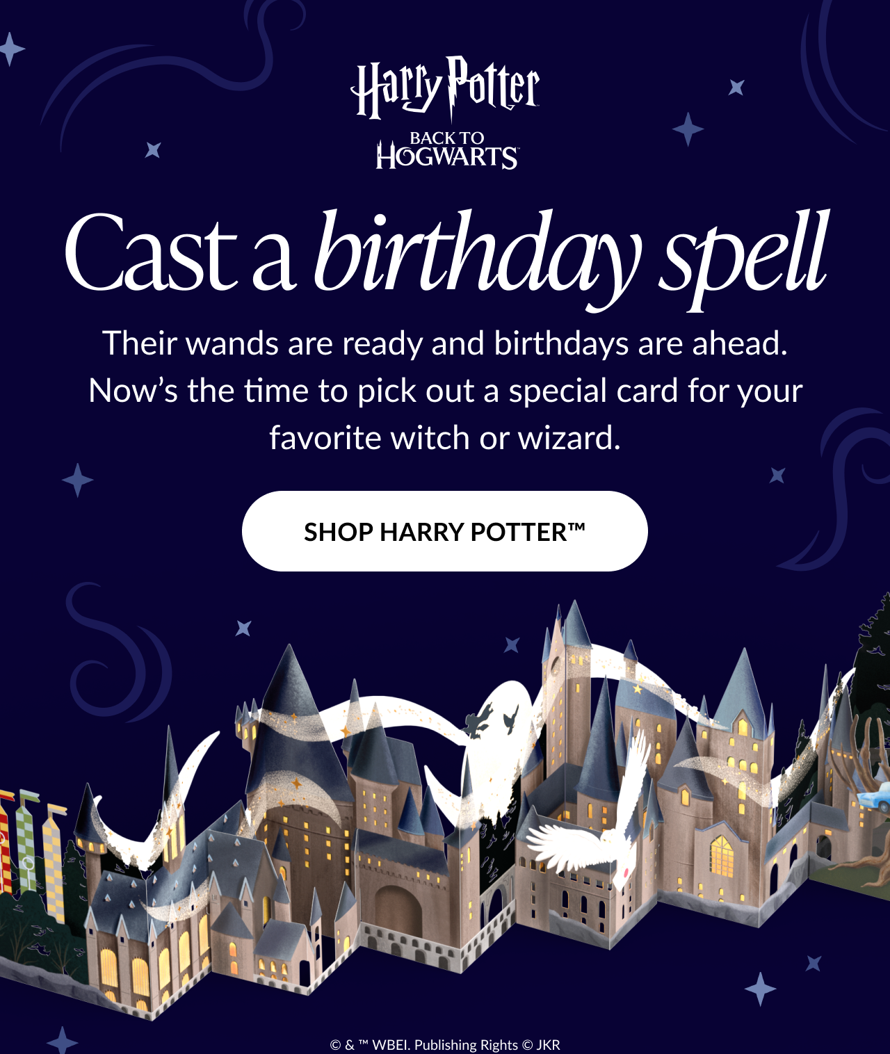 Harry Potter “Cast a Birthday Spell” promotion with Hogwarts illustration and button reading “Shop Harry Potter™.”