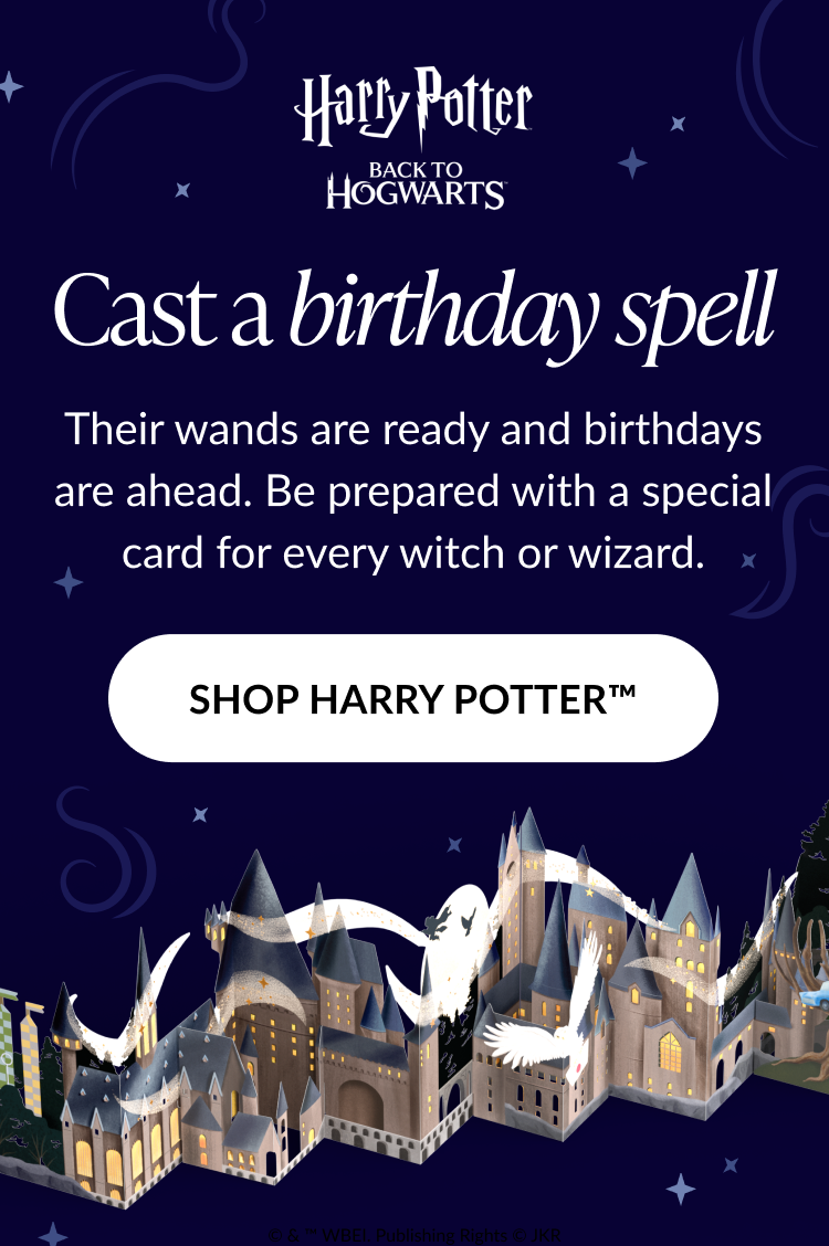 Harry Potter “Cast a Birthday Spell” promotion with Hogwarts illustration and button reading “Shop Harry Potter™.”