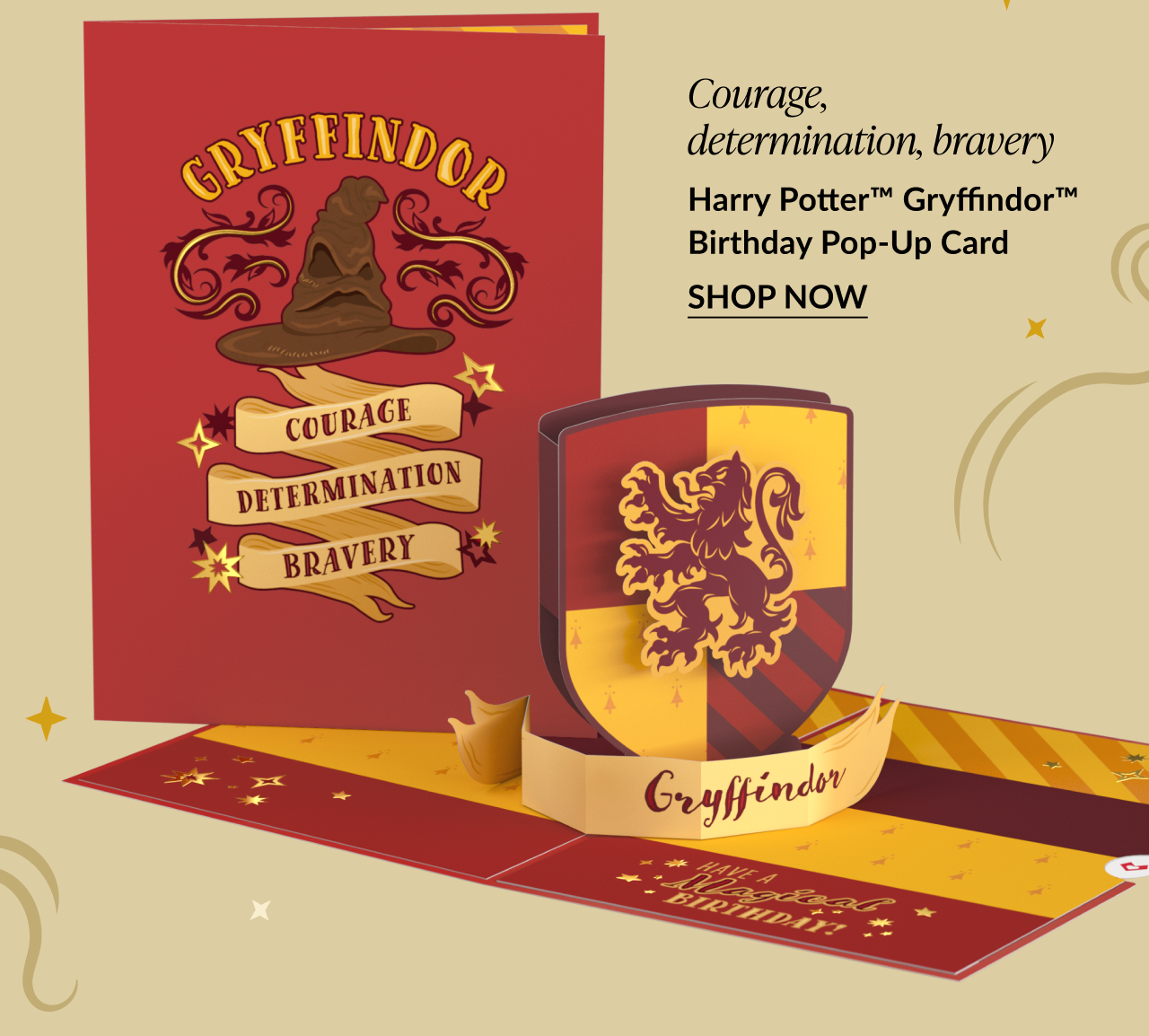 Harry Potter™ Gryffindor™ Birthday Pop-Up Card with red cover, Sorting Hat artwork, and 3D Gryffindor shield inside featuring “Courage, Determination, Bravery.”