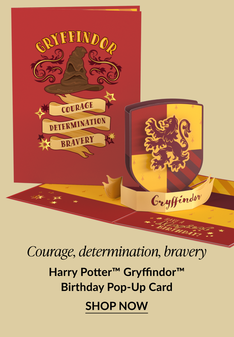 Harry Potter™ Gryffindor™ Birthday Pop-Up Card with red cover, Sorting Hat artwork, and 3D Gryffindor shield inside featuring “Courage, Determination, Bravery.”