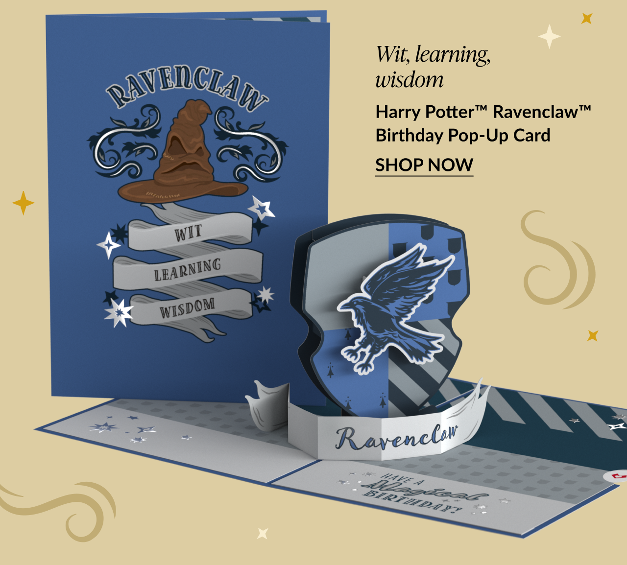 Harry Potter™ Ravenclaw™ Birthday Pop-Up Card with blue cover, Sorting Hat design, and 3D Ravenclaw shield featuring “Wit, Learning, Wisdom.”