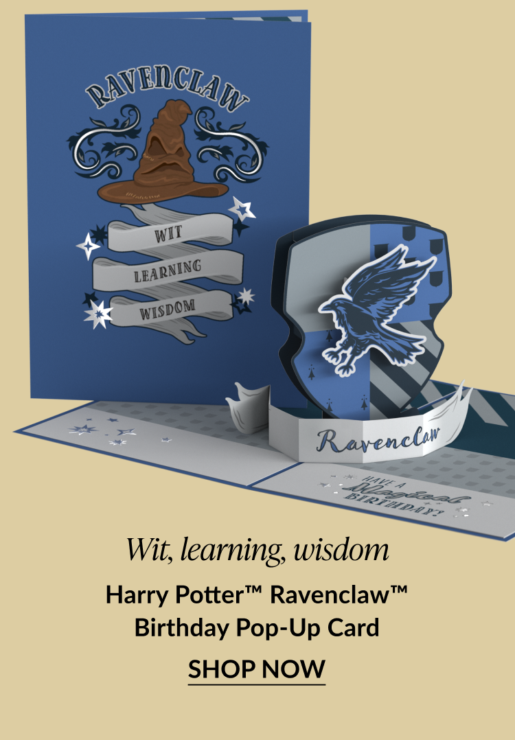 Harry Potter™ Ravenclaw™ Birthday Pop-Up Card with blue cover, Sorting Hat design, and 3D Ravenclaw shield featuring “Wit, Learning, Wisdom.”