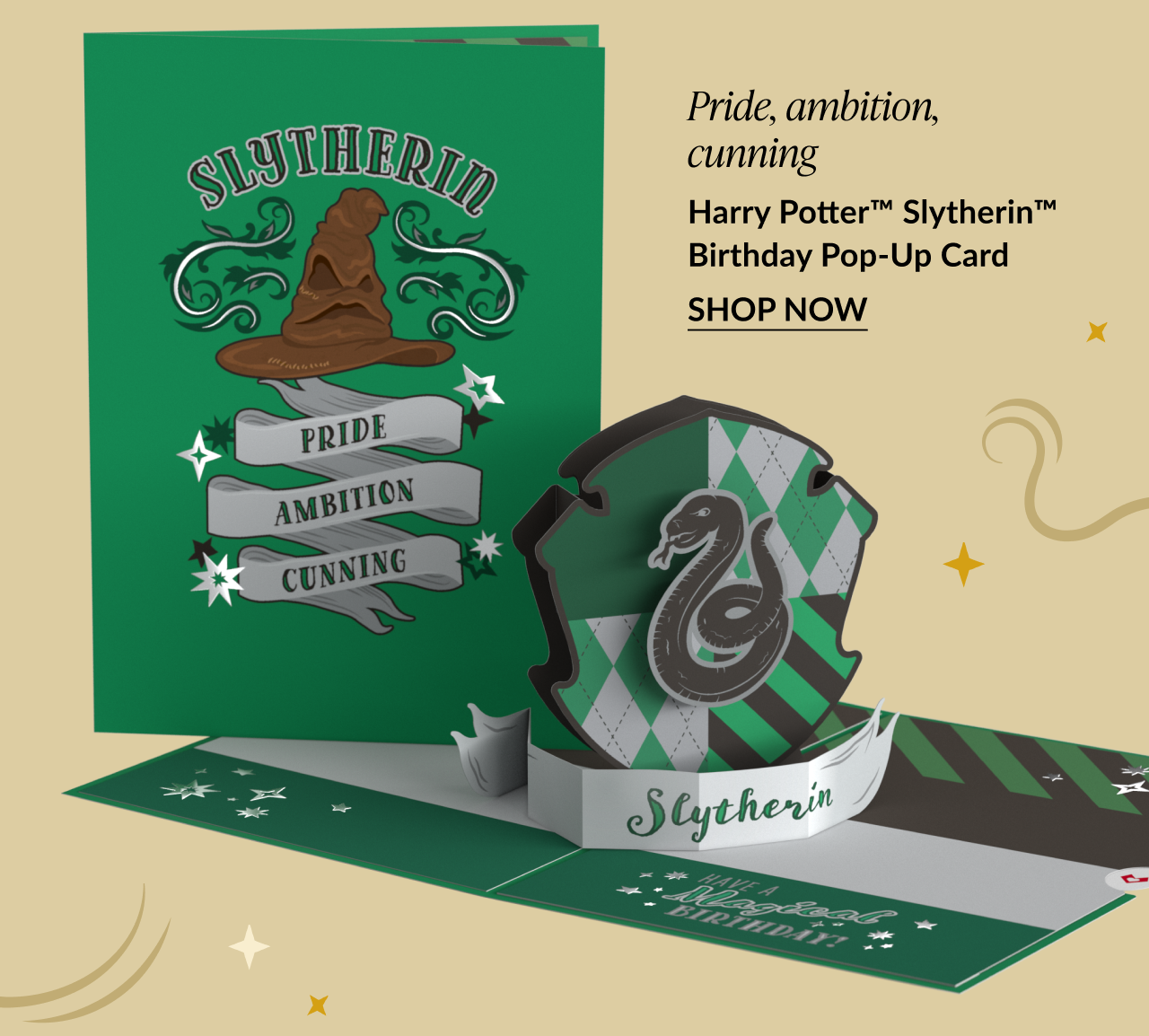 Harry Potter™ Slytherin™ Birthday Pop-Up Card with green cover, Sorting Hat art, and 3D Slytherin shield featuring “Pride, Ambition, Cunning.”
