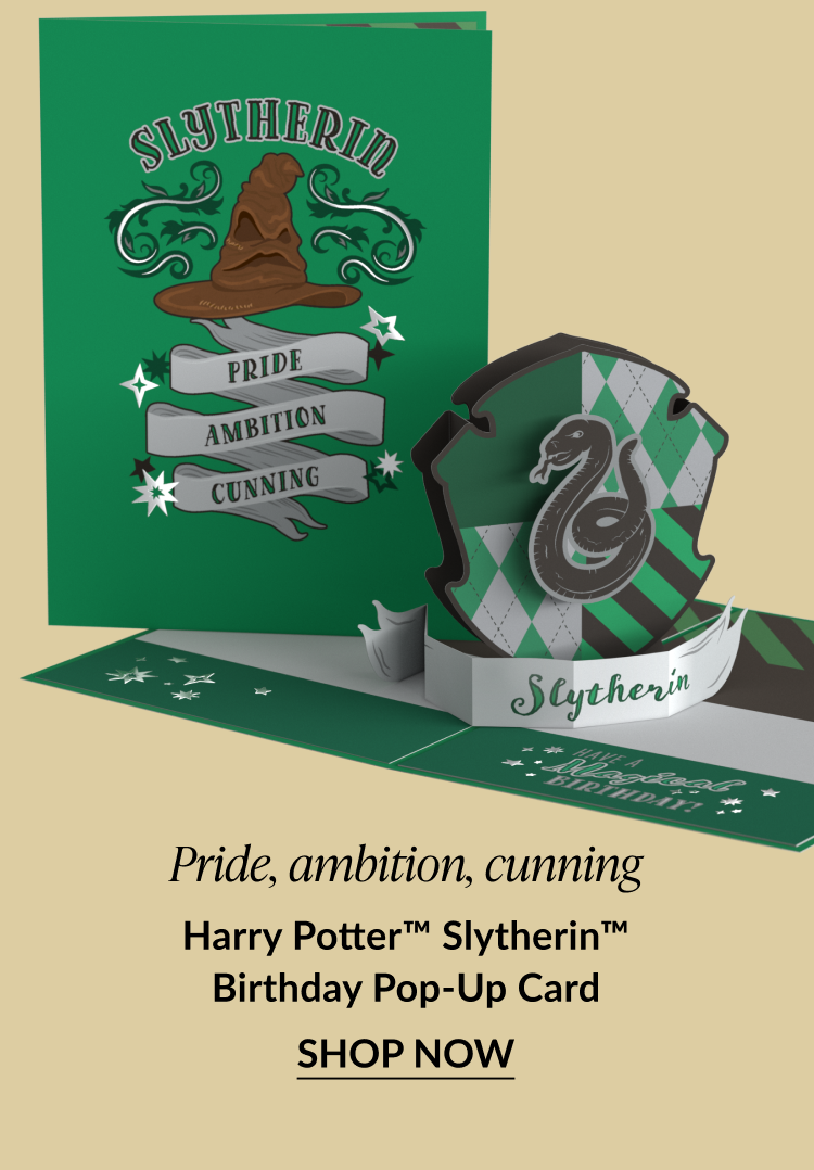Harry Potter™ Slytherin™ Birthday Pop-Up Card with green cover, Sorting Hat art, and 3D Slytherin shield featuring “Pride, Ambition, Cunning.”
