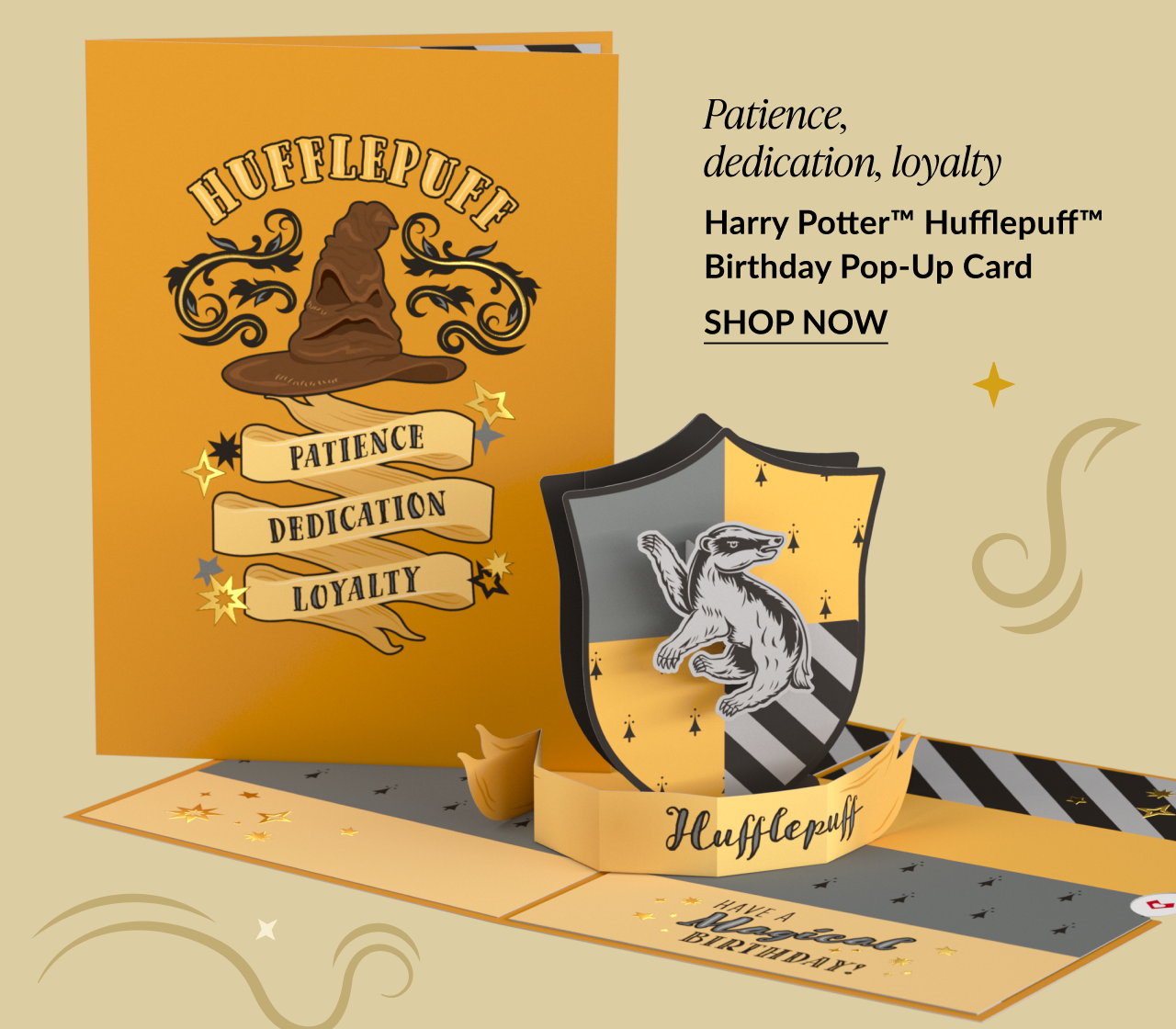 Harry Potter™ Hufflepuff™ Birthday Pop-Up Card with yellow cover, Sorting Hat image, and 3D Hufflepuff shield featuring “Patience, Dedication, Loyalty.”