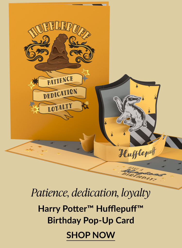 Harry Potter™ Hufflepuff™ Birthday Pop-Up Card with yellow cover, Sorting Hat image, and 3D Hufflepuff shield featuring “Patience, Dedication, Loyalty.”