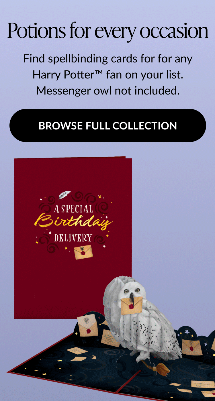 Harry Potter™ “Potions for Every Occasion” promotion featuring a snowy owl delivering birthday letters, card cover with “A Special Birthday Delivery” text, and button “Browse Full Collection.”