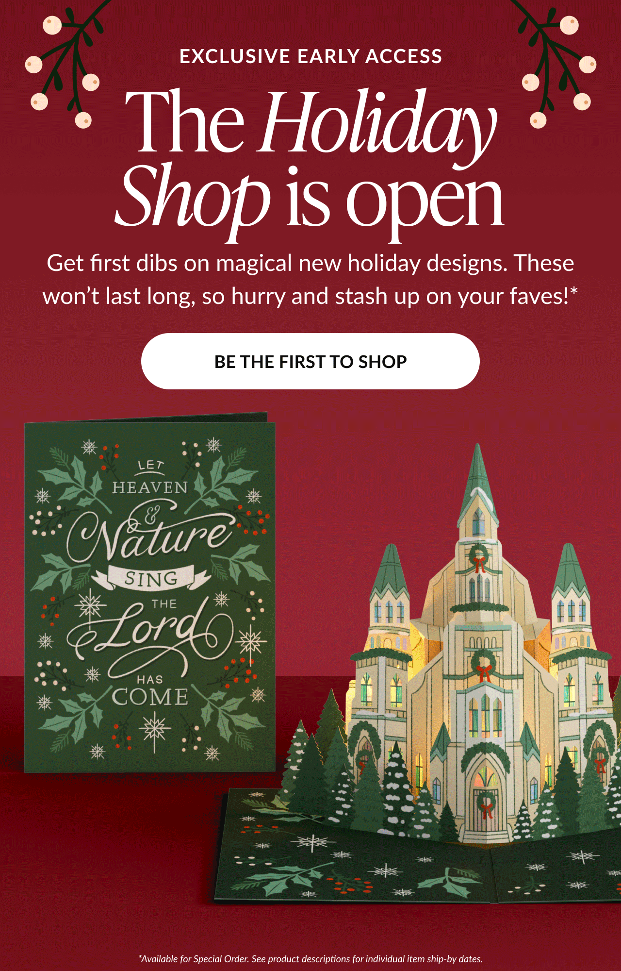 Animated banner announcing early access to Lovepop's Holiday Shop with pop-up church card