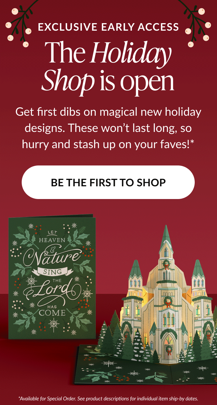 Animated banner announcing early access to Lovepop's Holiday Shop with pop-up church card