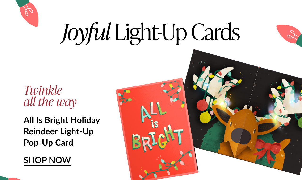 All Is Bright Holiday Reindeer Light-Up Pop-Up Card with glowing antlers