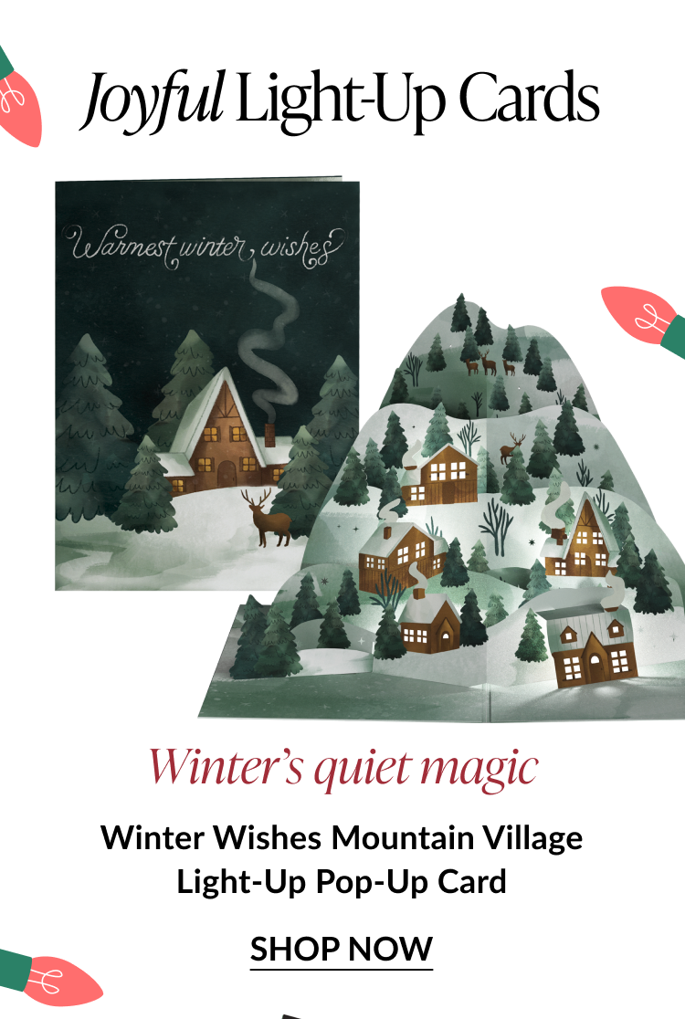 Winter Wishes Mountain Village Light-Up Pop-Up Card with snowy cabins and deer