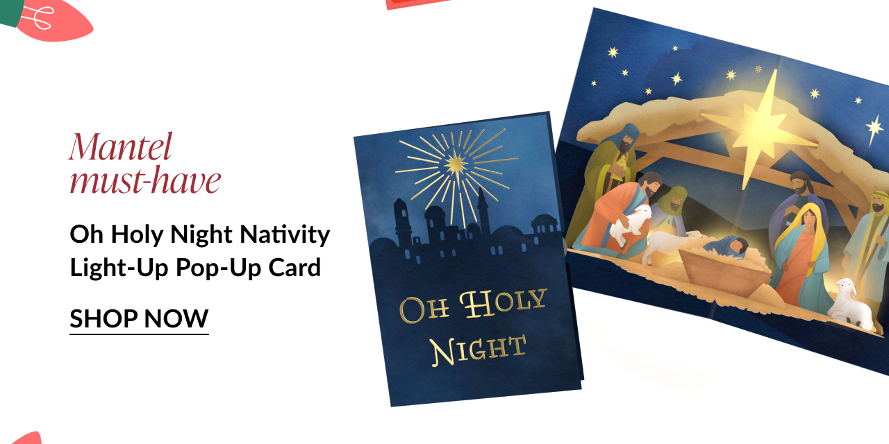 Oh Holy Night Nativity Light-Up Pop-Up Card with illuminated nativity scene