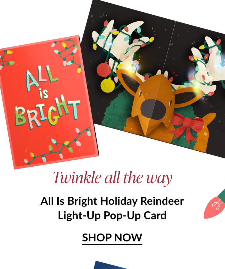 All Is Bright Holiday Reindeer Light-Up Pop-Up Card with glowing antlers
