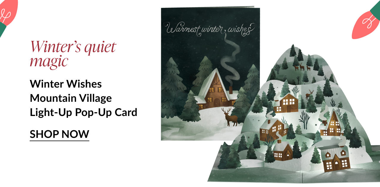 Winter Wishes Mountain Village Light-Up Pop-Up Card with snowy cabins and deer