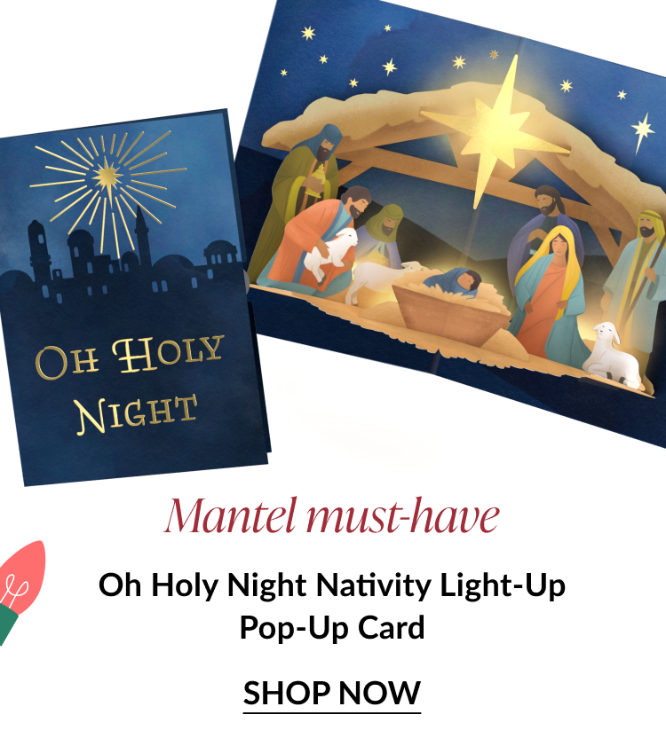 Oh Holy Night Nativity Light-Up Pop-Up Card with illuminated nativity scene