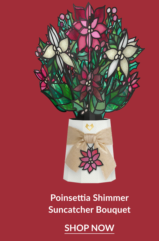 Poinsettia Shimmer Suncatcher Bouquet with red, green, and cream stained-glass blooms