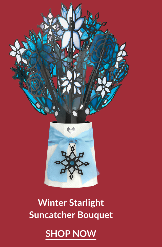 Winter Starlight Suncatcher Bouquet with blue and white stained-glass flowers