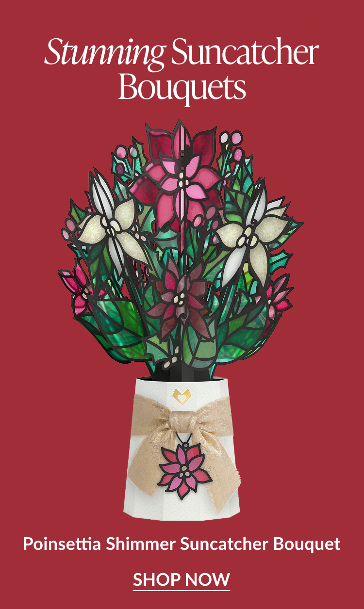 Poinsettia Shimmer Suncatcher Bouquet with red, green, and cream stained-glass blooms