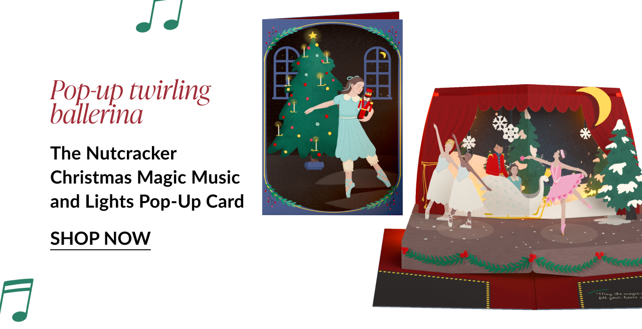 The Nutcracker Christmas Magic Music and Lights Pop-Up Card with ballerinas onstage