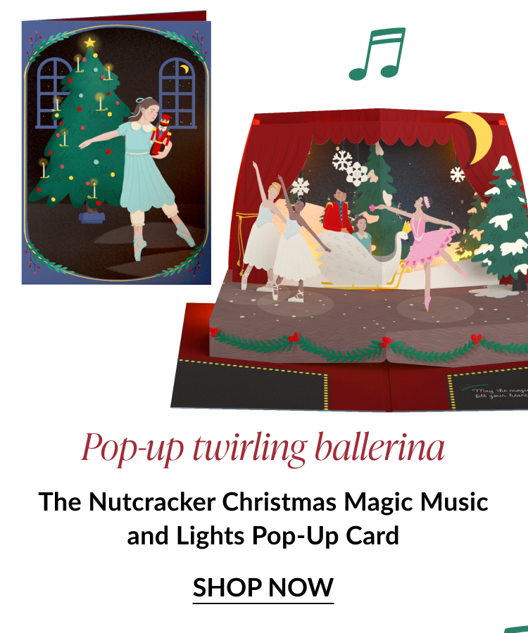 The Nutcracker Christmas Magic Music and Lights Pop-Up Card with ballerinas onstage