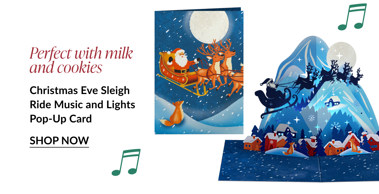 Christmas Eve Sleigh Ride Music and Lights Pop-Up Card with Santa flying over snowy village