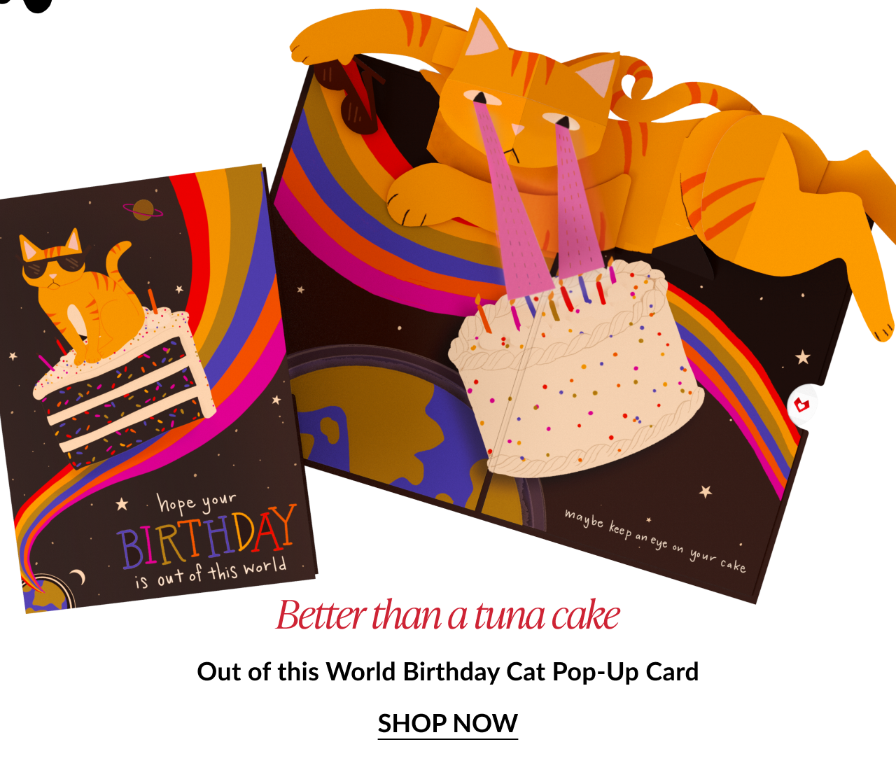 Out of This World pop-up birthday card with cat, rainbow, and cake