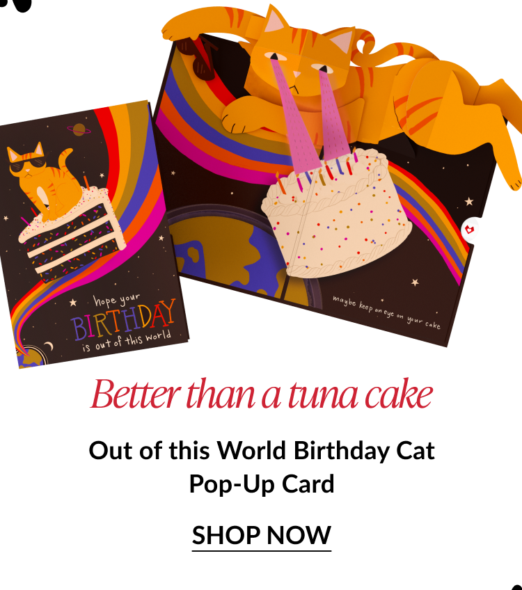 Out of This World pop-up birthday card with cat, rainbow, and cake