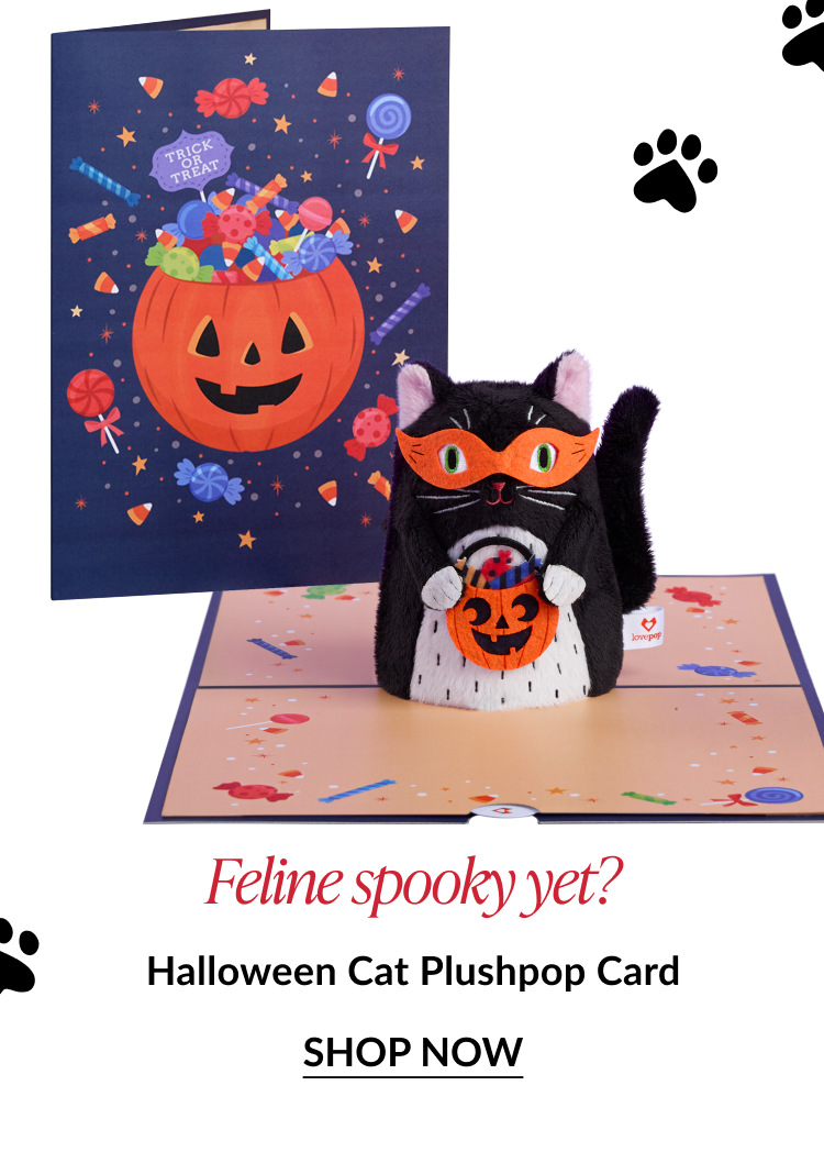 Halloween cat plushpop card with candy bucket and jack-o’-lantern background