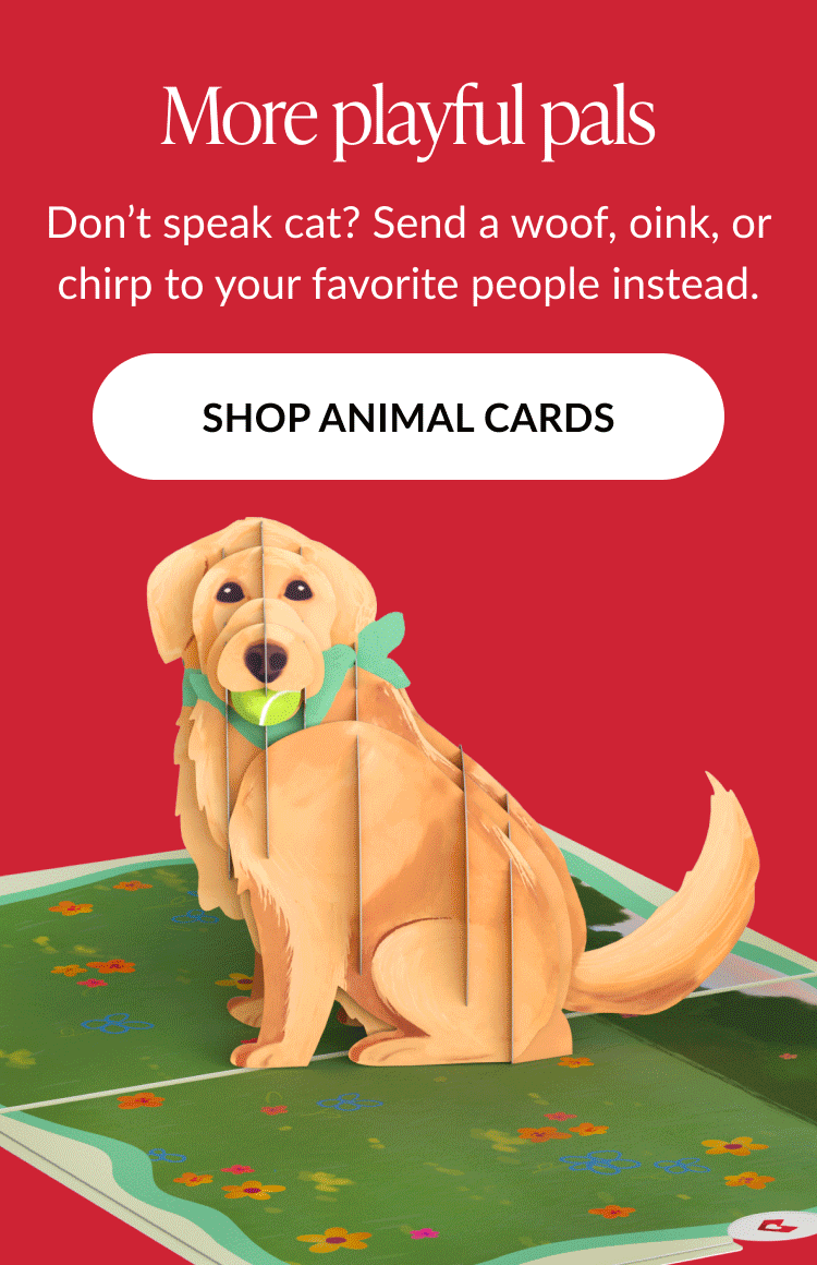 Golden retriever pop-up card on green grass, headline 