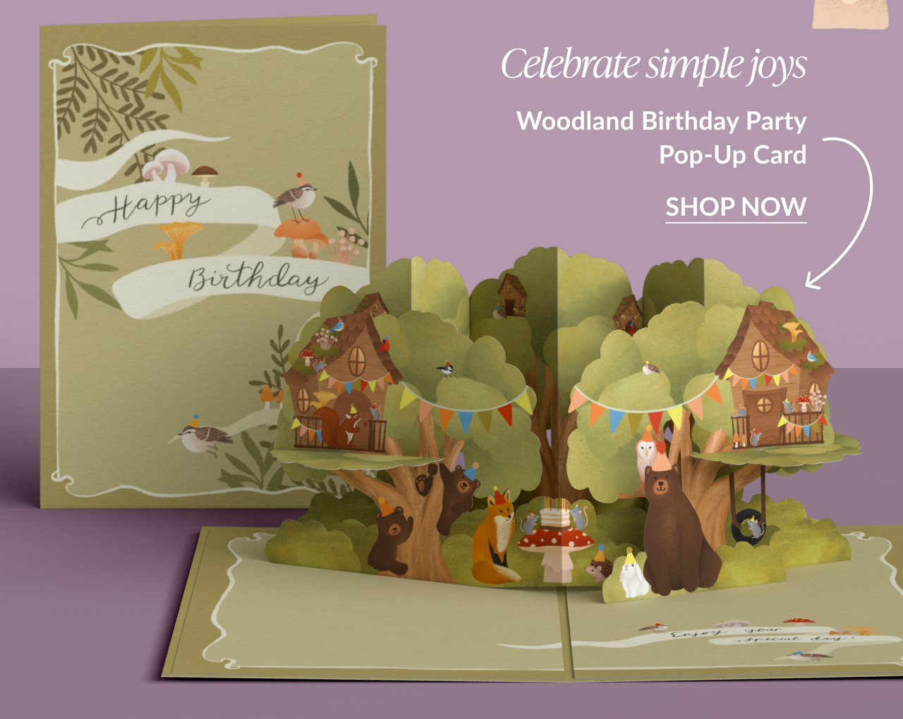 Woodland Birthday Party pop-up card with forest animals and treehouse