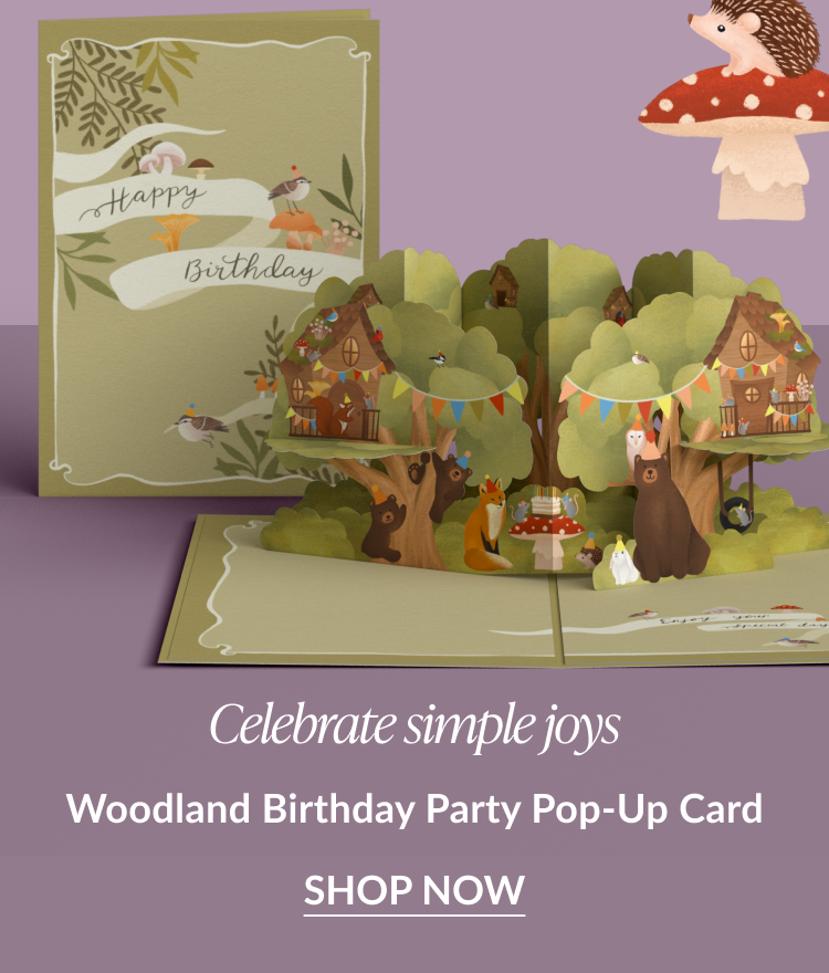Woodland Birthday Party pop-up card with forest animals and treehouse