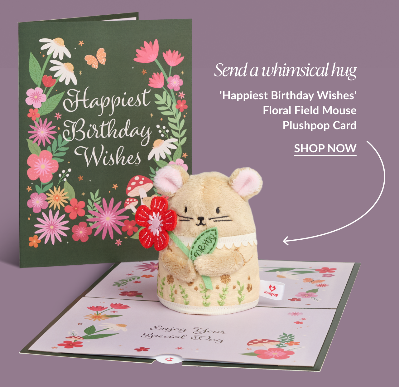 Happiest Birthday Wishes Floral Field Mouse Plushpop card