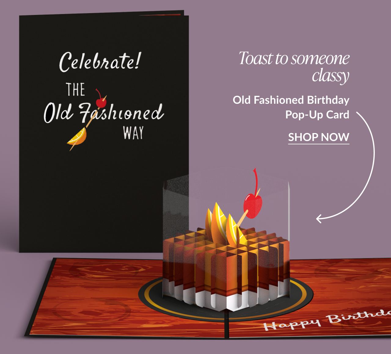 Old Fashioned Birthday pop-up card with cocktail design