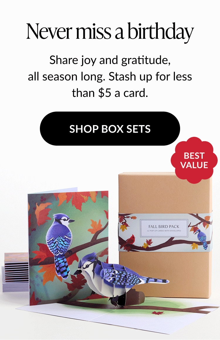 Never miss a birthday fall box set with blue jay pop-up card and envelopes