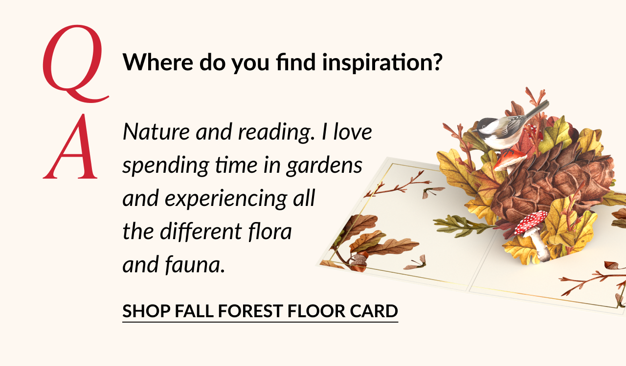 Fall Forest Floor pop-up card with pinecone, leaves, and bird illustration