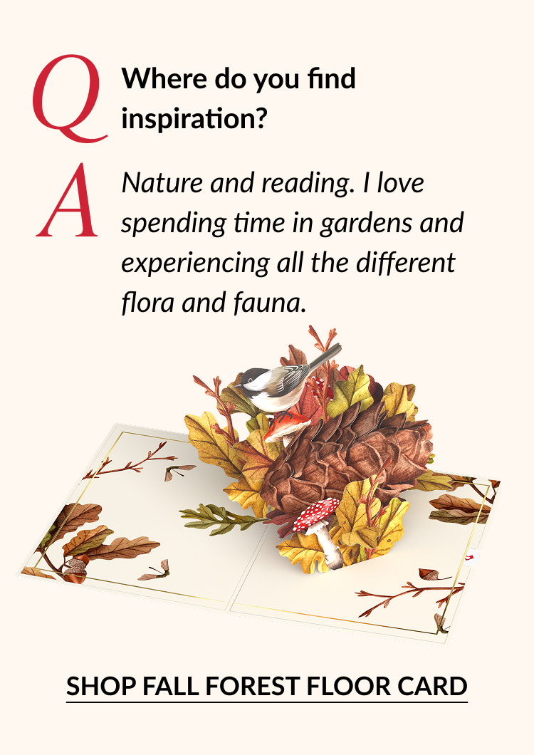 Fall Forest Floor pop-up card with pinecone, leaves, and bird illustration