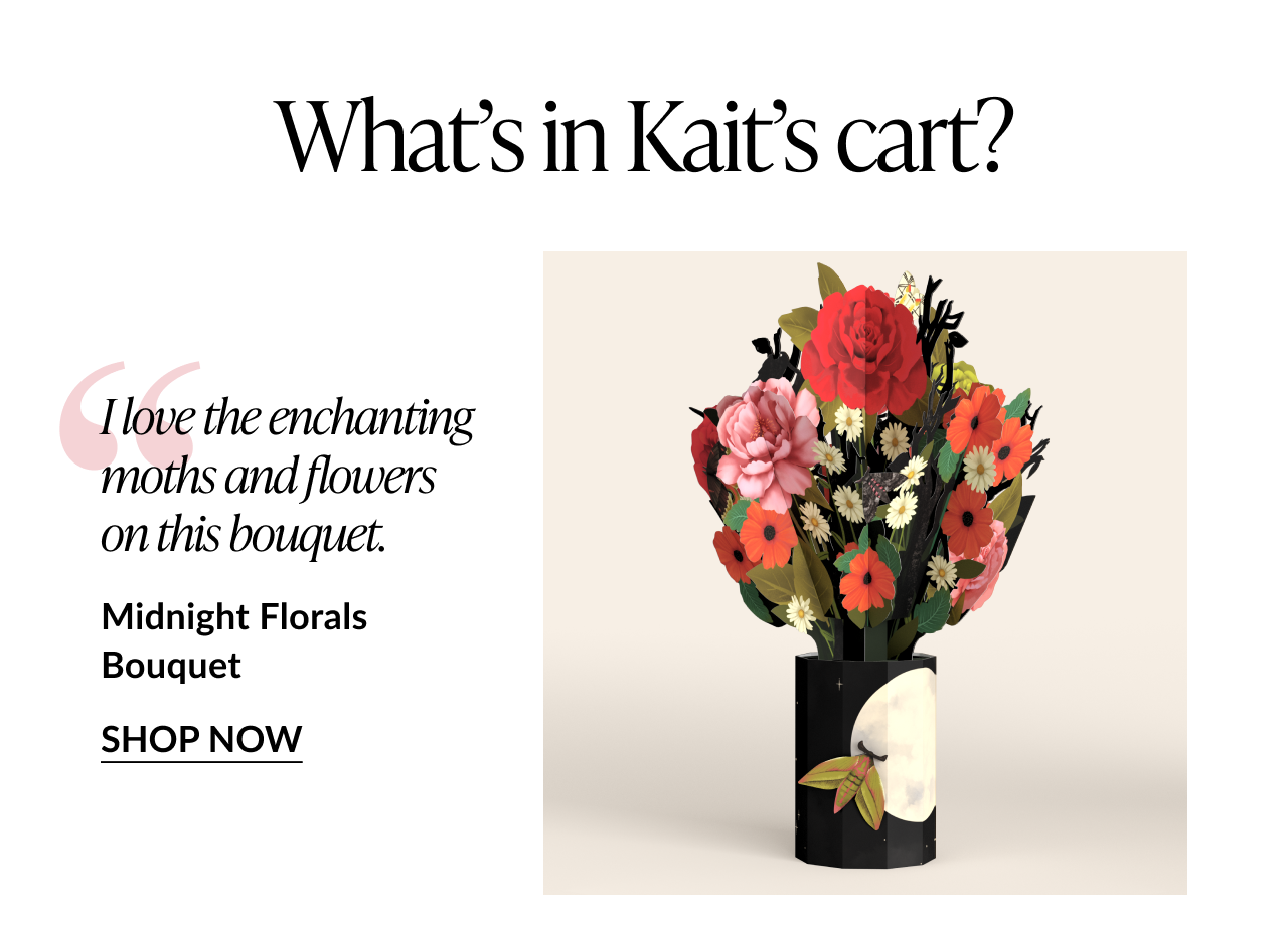 Kait’s pick, Midnight Florals Bouquet with moths and colorful flowers