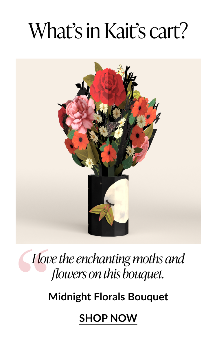 Kait’s pick, Midnight Florals Bouquet with moths and colorful flowers