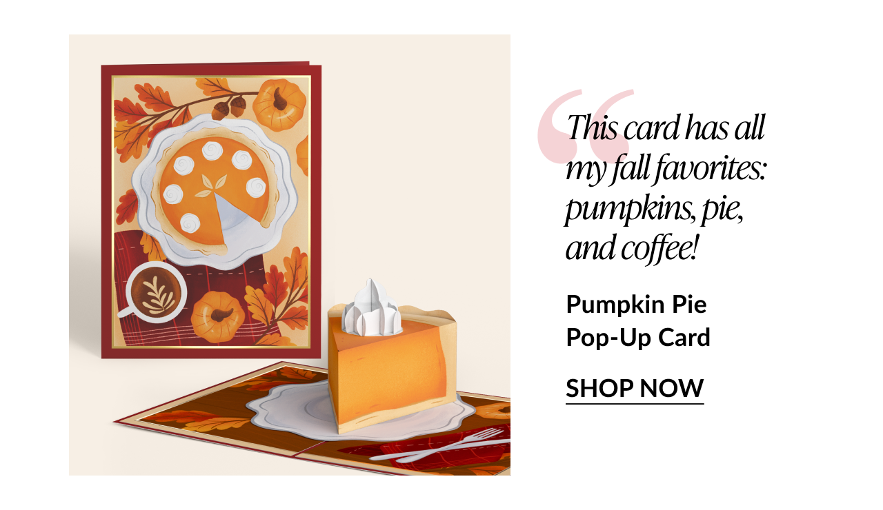Pumpkin Pie pop-up card with slice of pie, coffee, and fall leaves