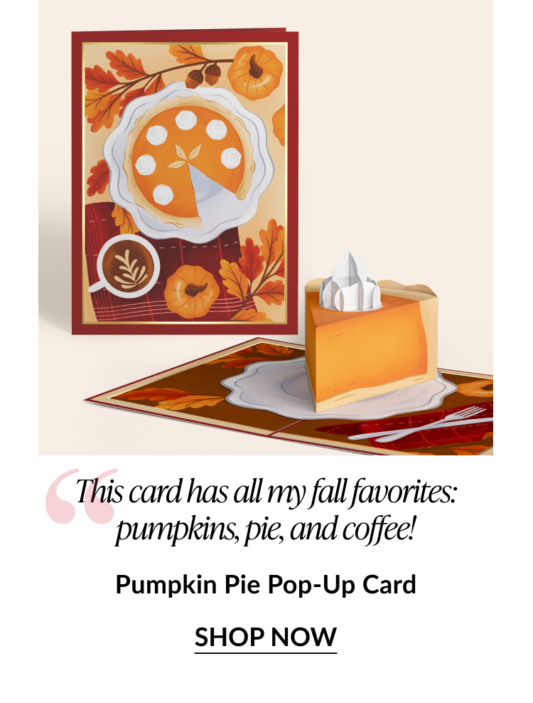 Pumpkin Pie pop-up card with slice of pie, coffee, and fall leaves